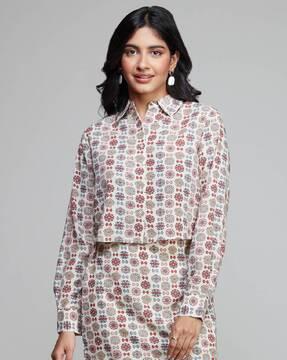 women relaxed fit floral print spread-collar shirt