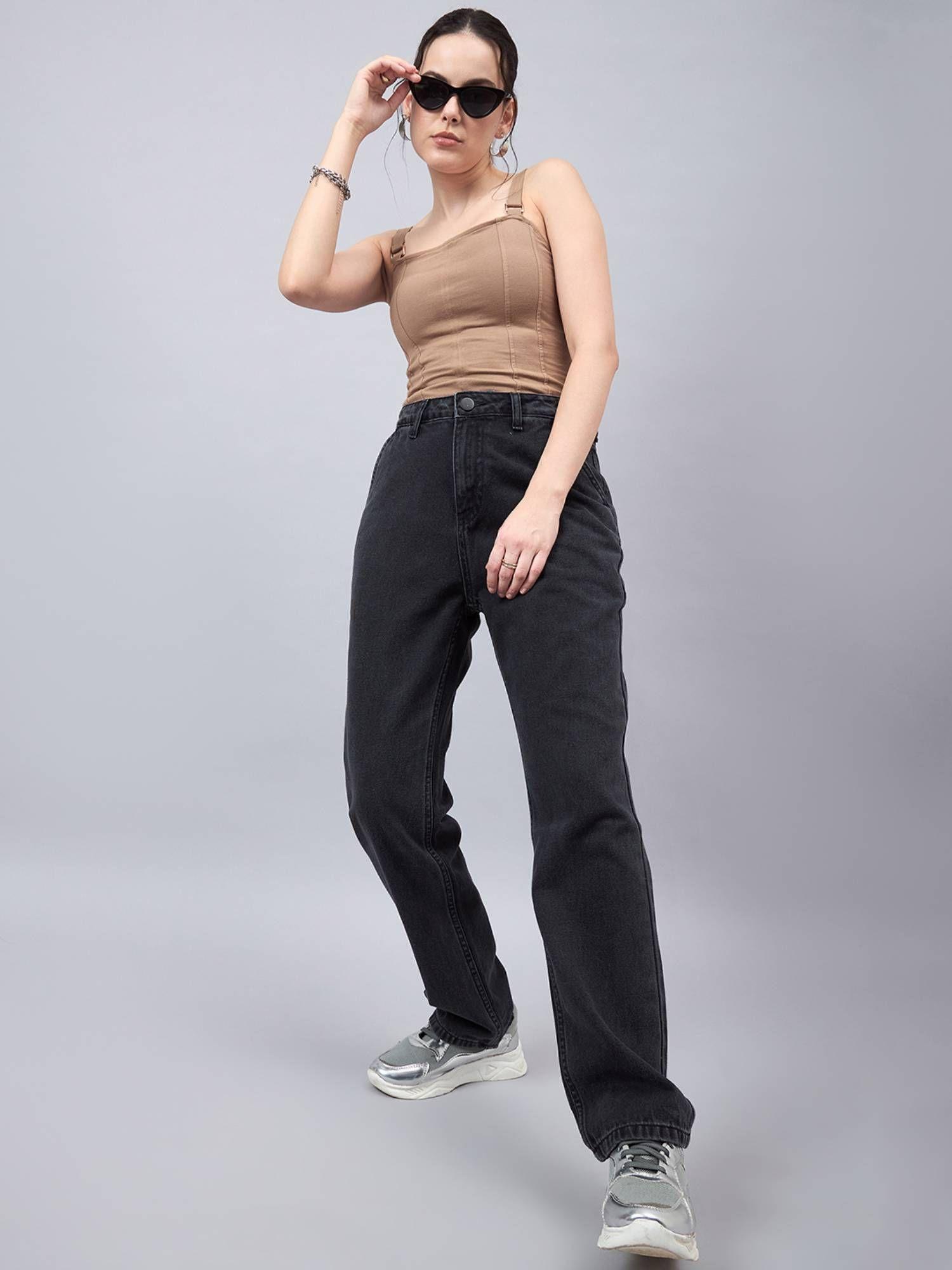 women relaxed fit high rise cotton jeans