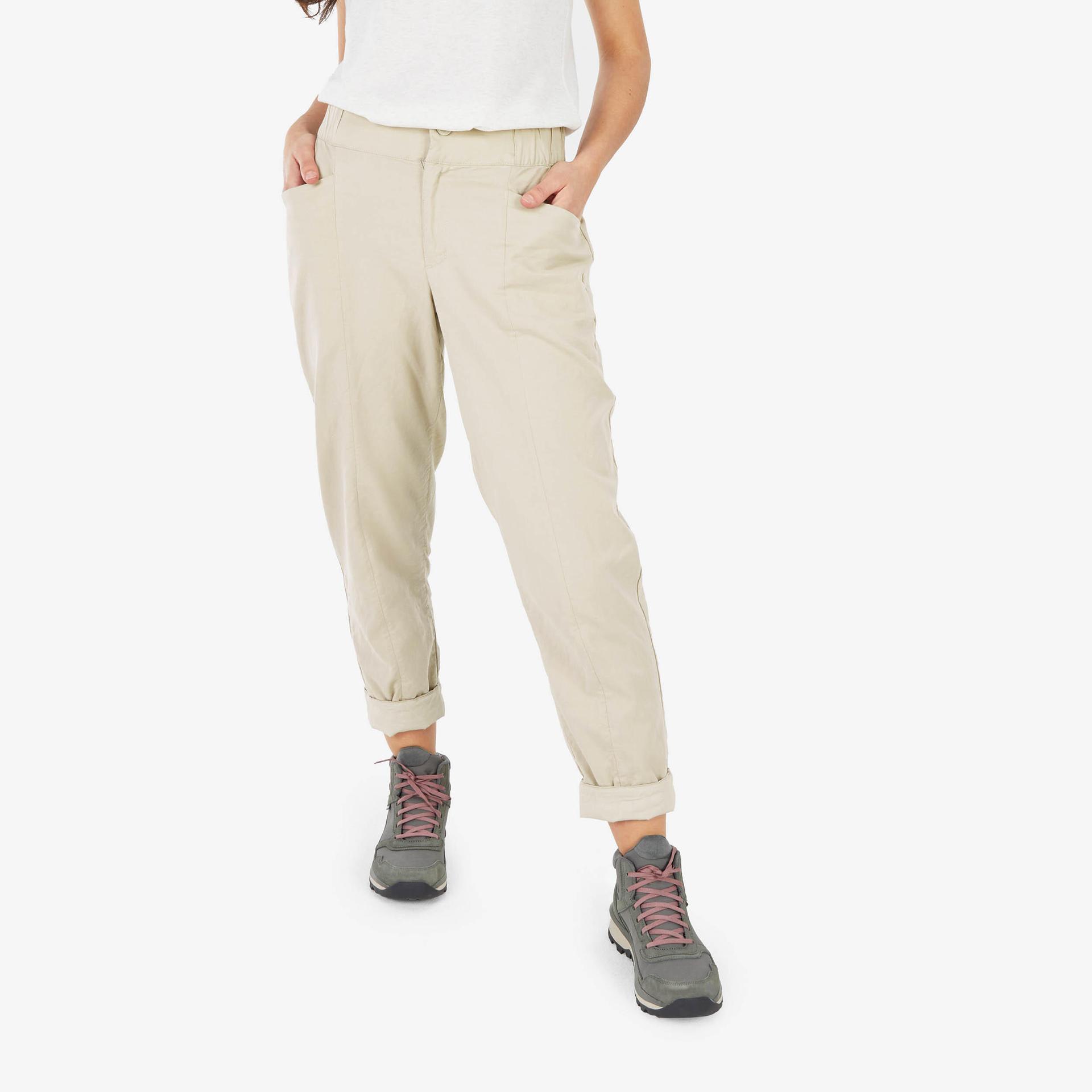 women relaxed fit linen pants beige - nh500