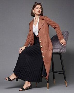 women relaxed fit long jacket with patch pockets