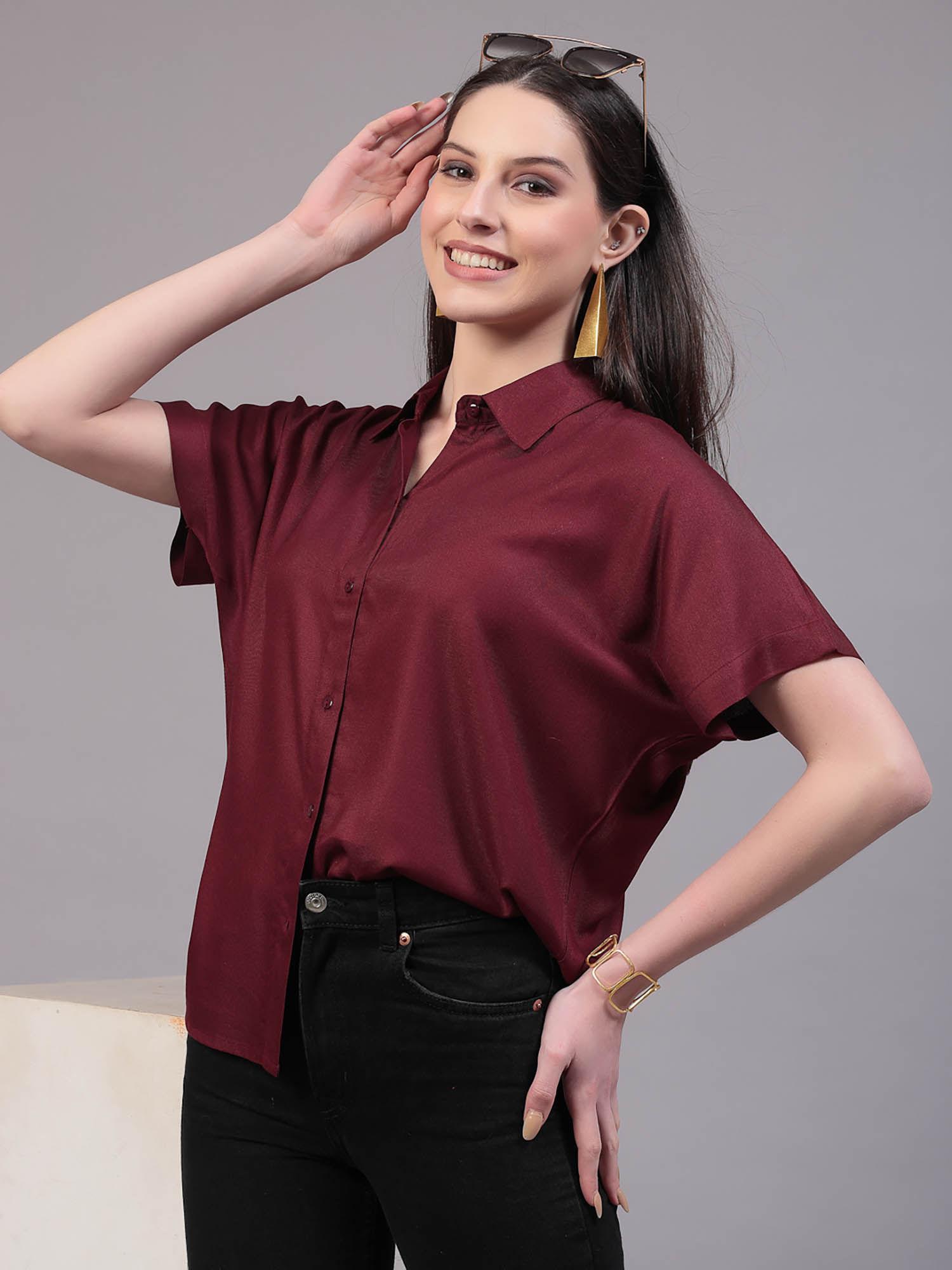 women relaxed fit maroon spread collar extended sleeve shirt