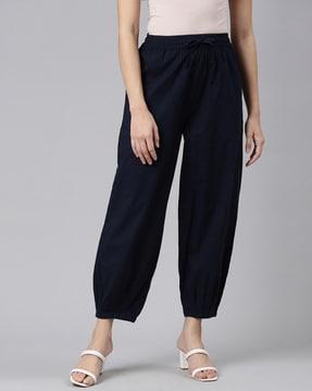 women relaxed fit pleated pants with drawstring waist