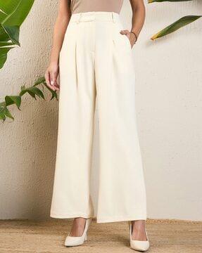 women relaxed fit pleated pants with insert pockets