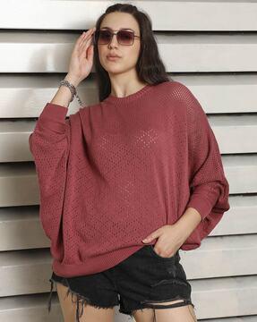 women relaxed fit round-neck top with ribbed hem