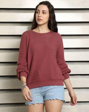 women relaxed fit round-neck top with ribbed hem