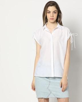 women relaxed fit shirt with ruched sleeves