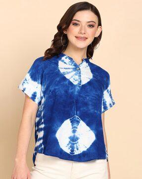 women relaxed fit tie & dye top with mandarin collar