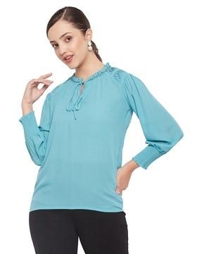 women relaxed fit tie-up neck top