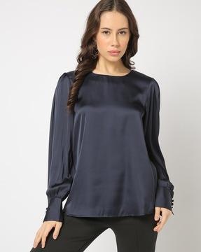 women relaxed fit top with cuffed sleeves