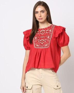 women relaxed fit top with embroidered yoke