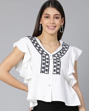 women relaxed fit top with embroidery yoke