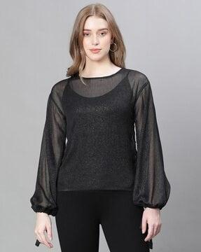 women relaxed fit top with puff sleeves