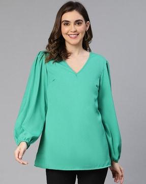 women relaxed fit top with puff sleeves