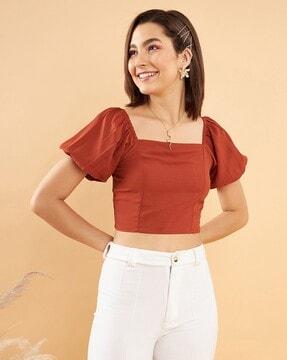 women relaxed fit top with puffed sleeves