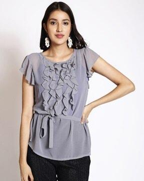 women relaxed fit top with ruffle detail