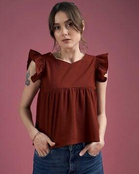 women relaxed fit top with ruffled detail