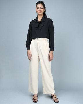 women relaxed fit top with tie-up neck