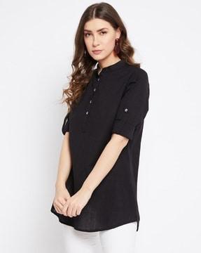 women relaxed fit tunic with mandarin collar