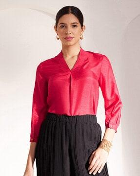 women relaxed fit v-neck pleated top