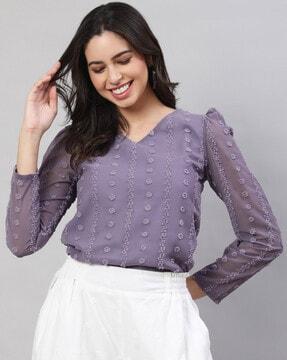 women relaxed fit v-neck top with puff sleeves