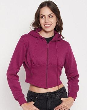 women relaxed zip-front crop hoodie