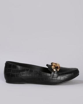 women reptilian pattern loafers with chain accent