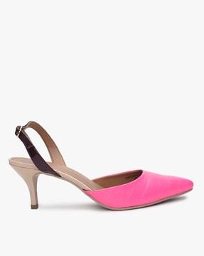 women reptilian-textured pointed-toe pink slingback pumps