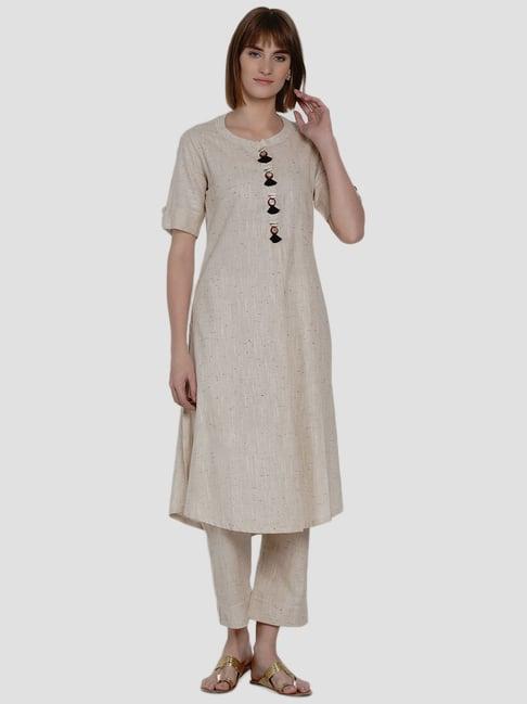 women republic beige cotton kurta pant set