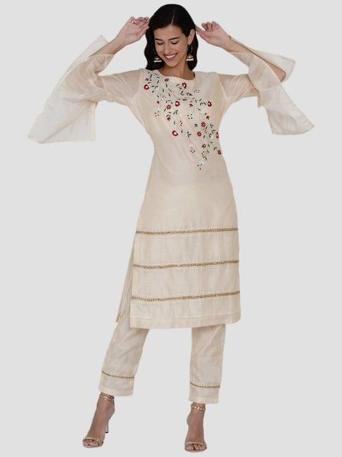 women republic beige embroidered kurta pant set
