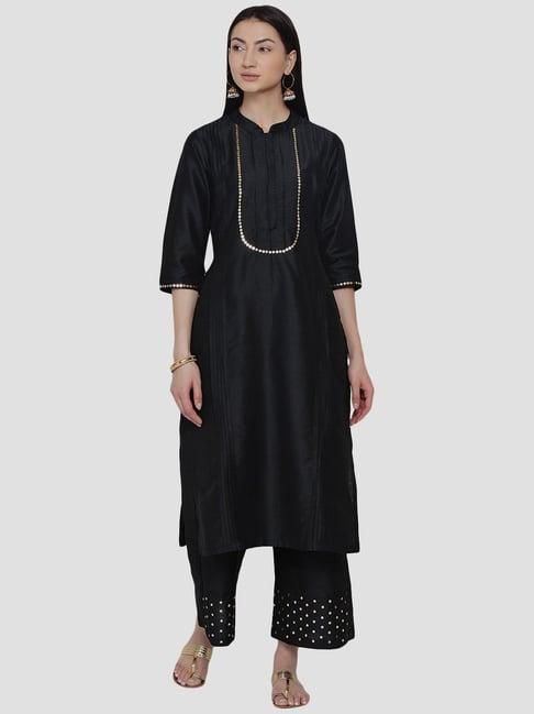 women republic black cotton embellished kurta palazzo set