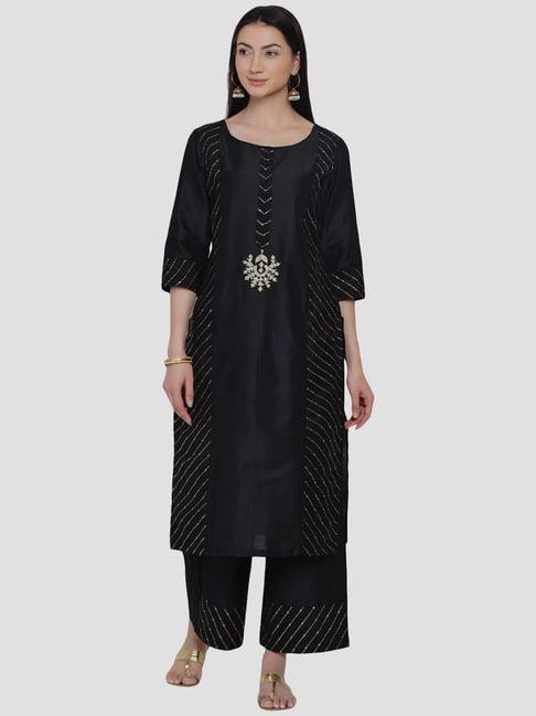 women republic black cotton embroidered kurta palazzo set