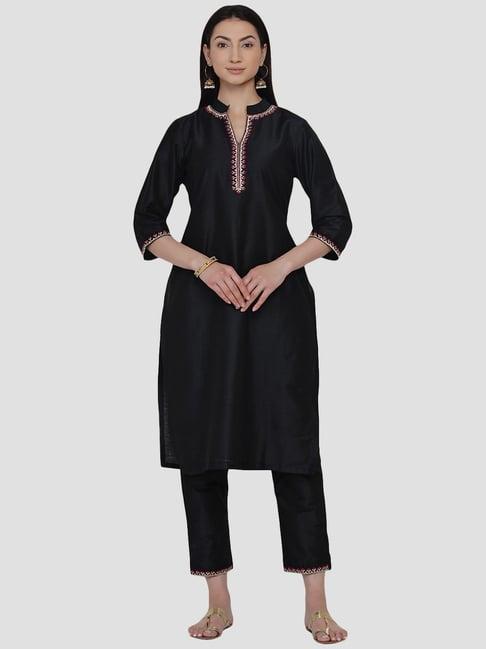 women republic black cotton embroidered kurta pant set