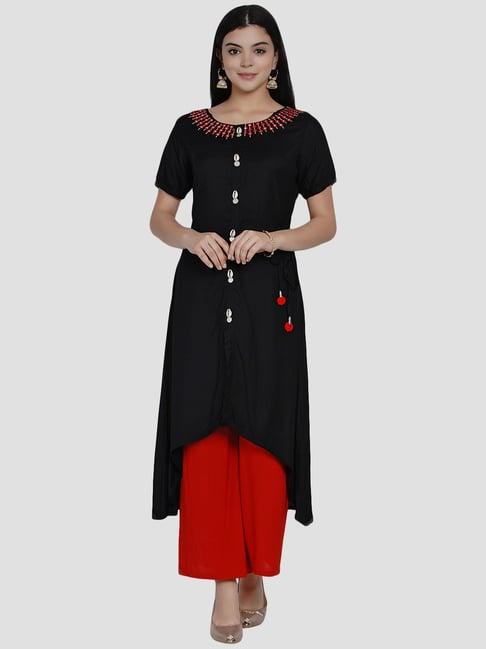 women republic black embroidered a line kurta