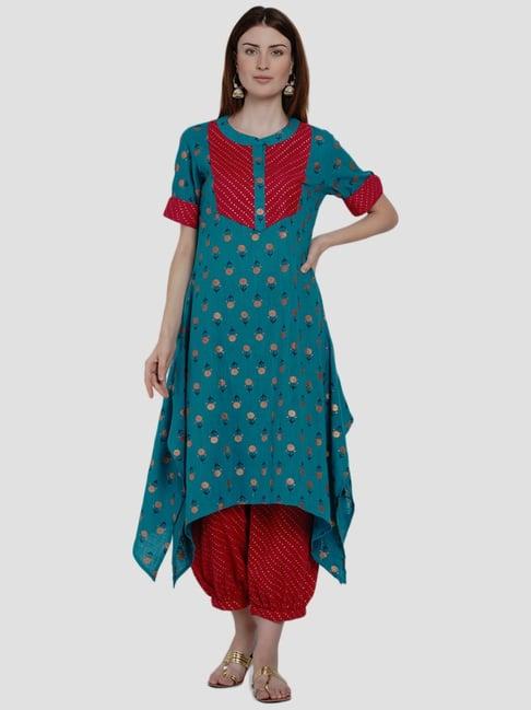 women republic blue & red cotton printed kurta salwar set