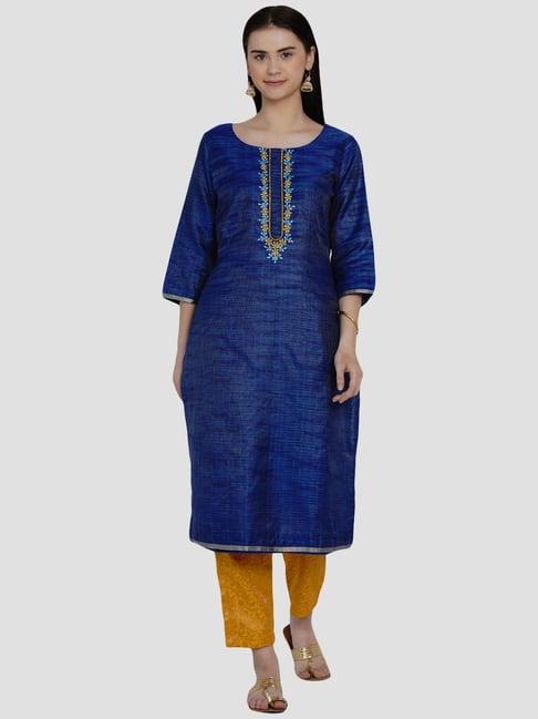 women republic blue & yellow embroidered kurta pant set