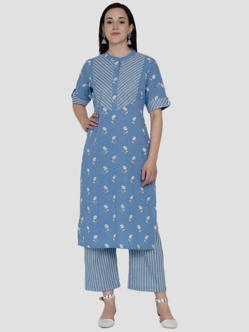 women republic blue cotton printed kurta palazzo set