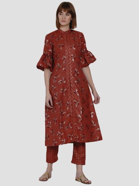 women republic brown cotton printed kurta pant set