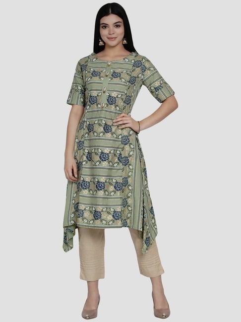 women republic green cotton printed a line kurta