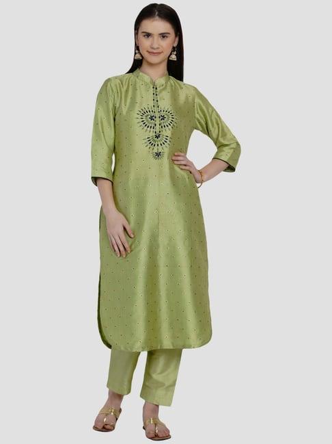 women republic green embroidered kurta pant set
