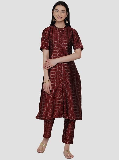 women republic maroon printed kurta pant set