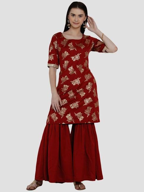 women republic maroon printed kurti sharara set