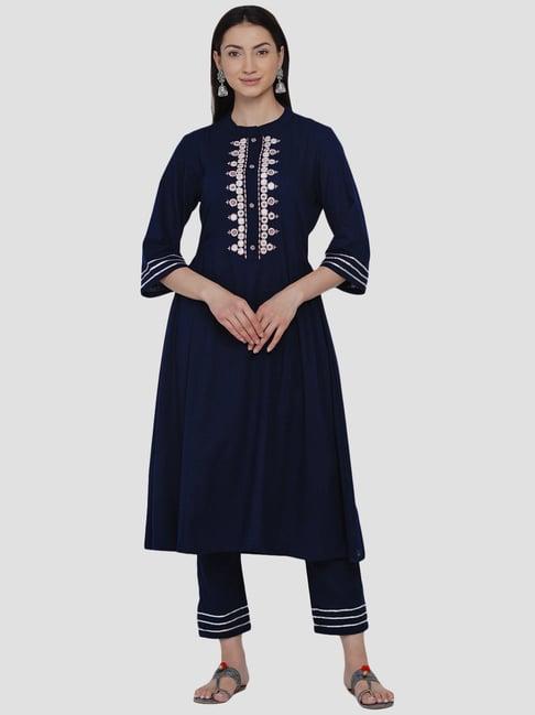 women republic navy cotton embroidered kurta pant set