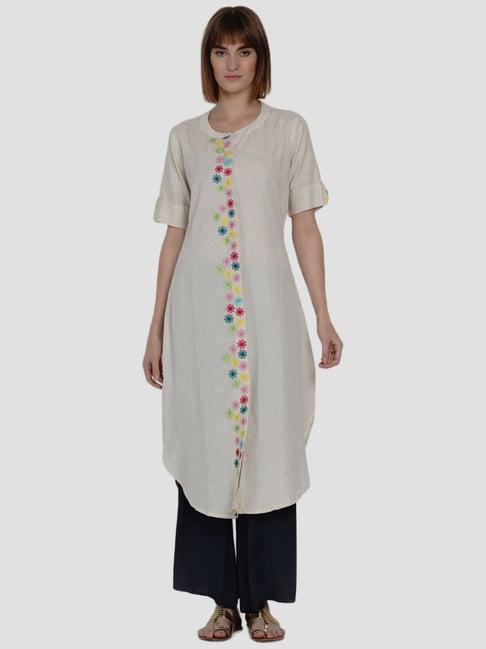 women republic off-white cotton embroidered straight kurta