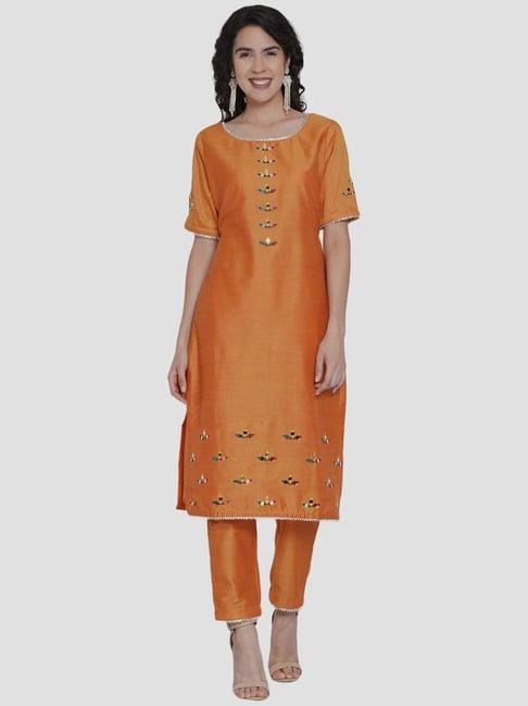 women republic orange cotton embroidered kurta pant set