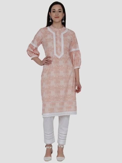 women republic peach & white cotton embroidered kurta pant set