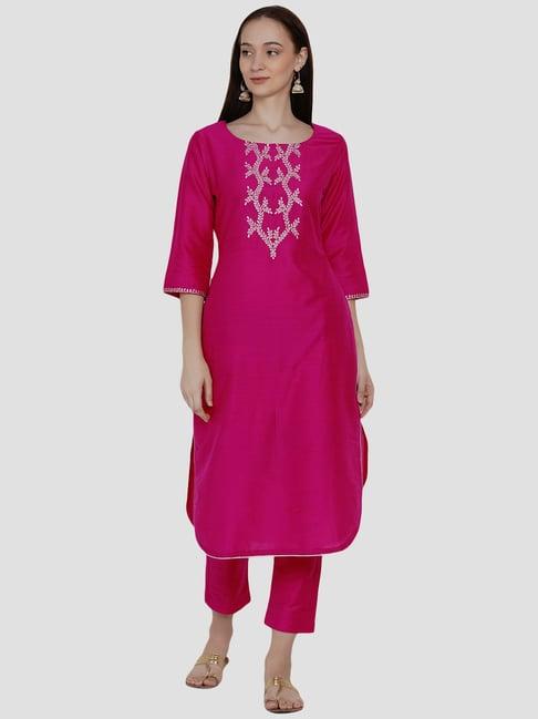 women republic pink cotton embroidered kurta pant set