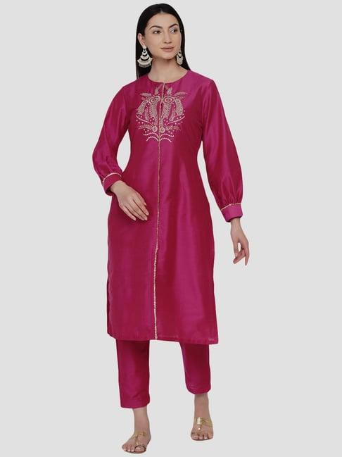 women republic pink cotton embroidered kurta pant set