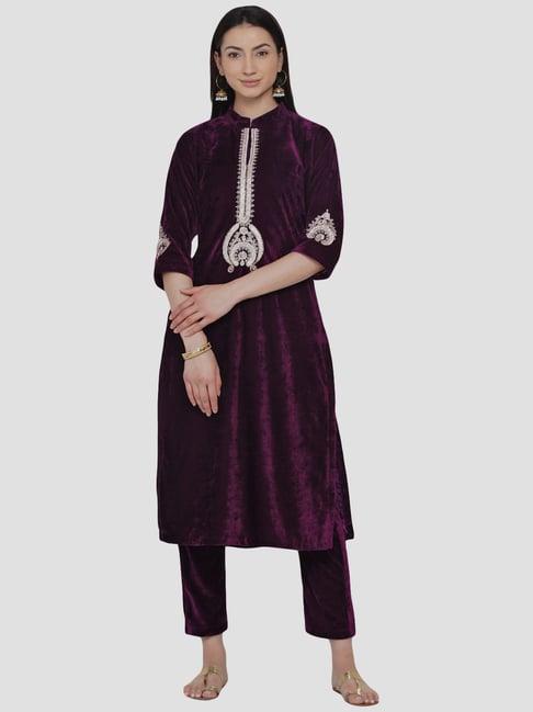 women republic purple embroidered kurta pant set