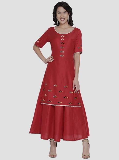 women republic red cotton embroidered kurta skirt set