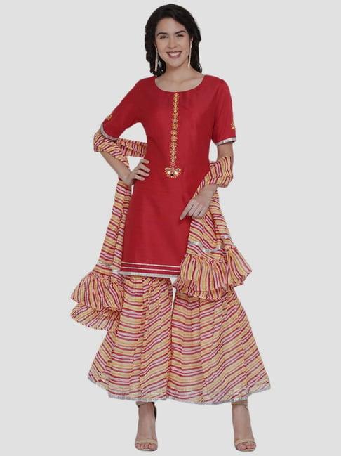women republic red cotton embroidered kurti sharara set with dupatta